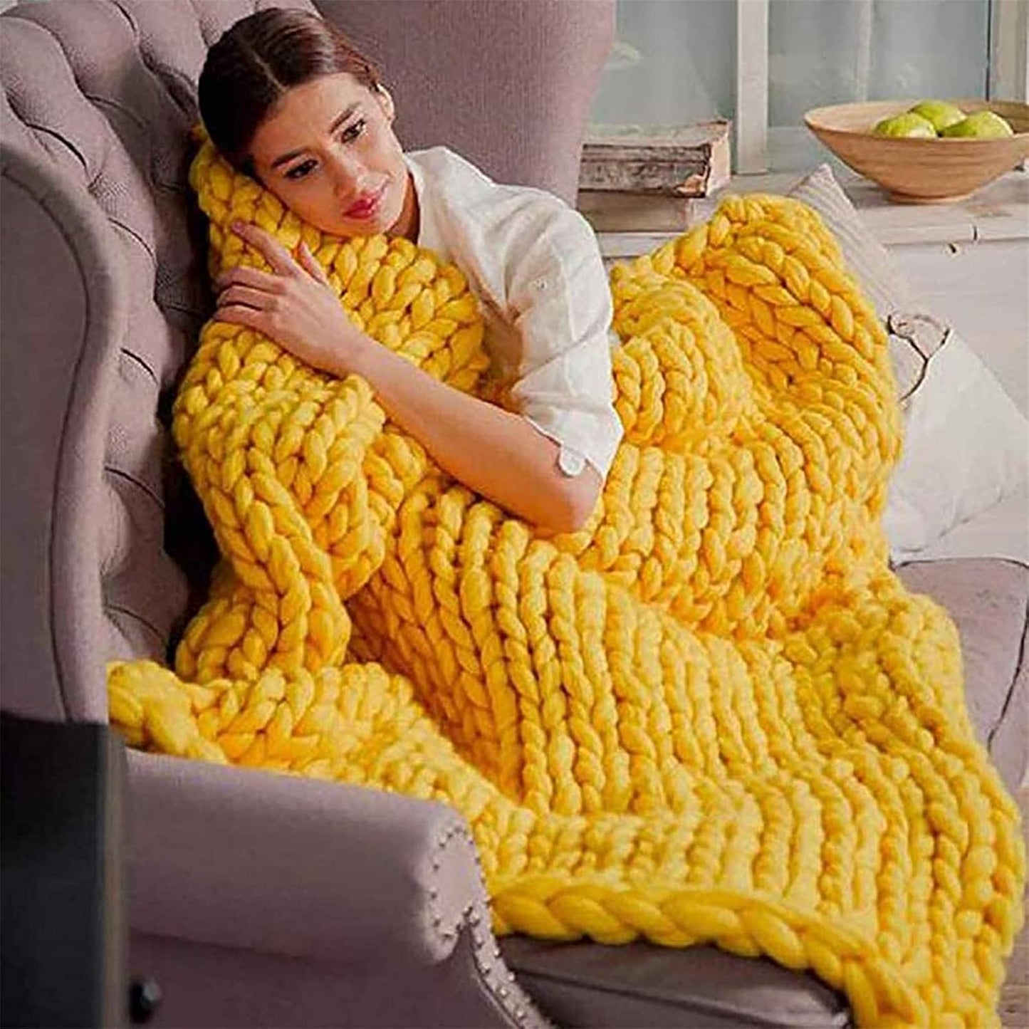 Chunky Knit - Super Soft Hand-Knitted Blanket Chunky Wool Knit Throw Sofa Blanket Knitted Blanket for Couch Bed Sofa Home Decor Gift,Yellow,6060cm
