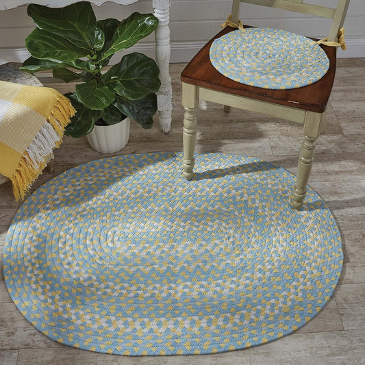 Cozy Cottage Braided Oval Rug 32" x 42" | 100% Cotton | Woven Round Design | Yellow, Blue & Cream | Spring Easter Floor Decor Accent