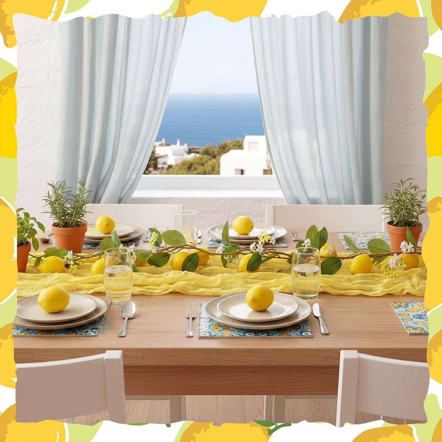 2 Pcs Amalfi Coast Party Decorations Mediterranean Table Decor, 6 ft Lemon Garland 35x 71 in Yellow Cheesecloth Table Runner Capri Lemon Garland Italian Runner Summer Party Home Decor