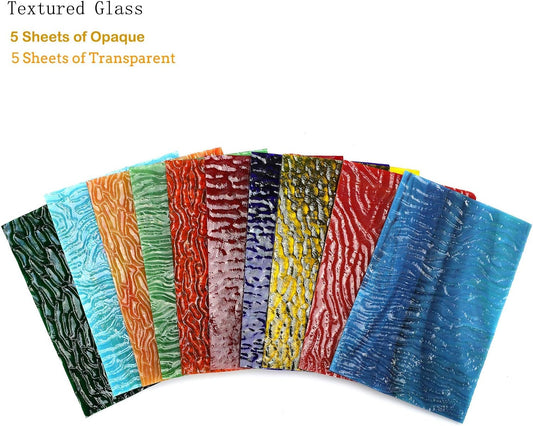 (10 Sheets) Variety Textured Stained Glass Sheets Pack, 4 x 6 inch Large Cathedral Glass Mosaic Tiles for Crafts, Mixed Opaque&Transparent