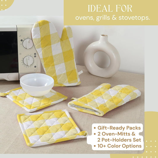 Buffalo Plaid Check Oven Mitts and Pot Holders Set, 100% Cotton, Heat Resistant, 2 Oven Gloves 7x13 Inches and 2 Hot Pads 8x8 Inches for Cooking and Baking, Lemon Yellow White