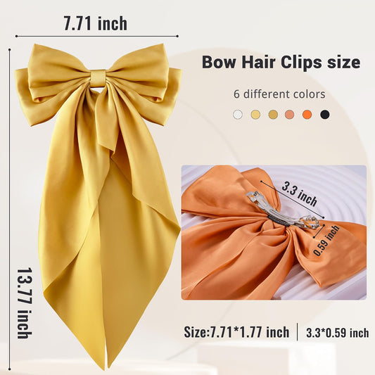 6Pcs Large Bows Hair Clips for Women Girls Long Tail Hair Ribbon Silky Satin Barrettes Coquette Bows Accessories (Black/Orange/Yellow/White)