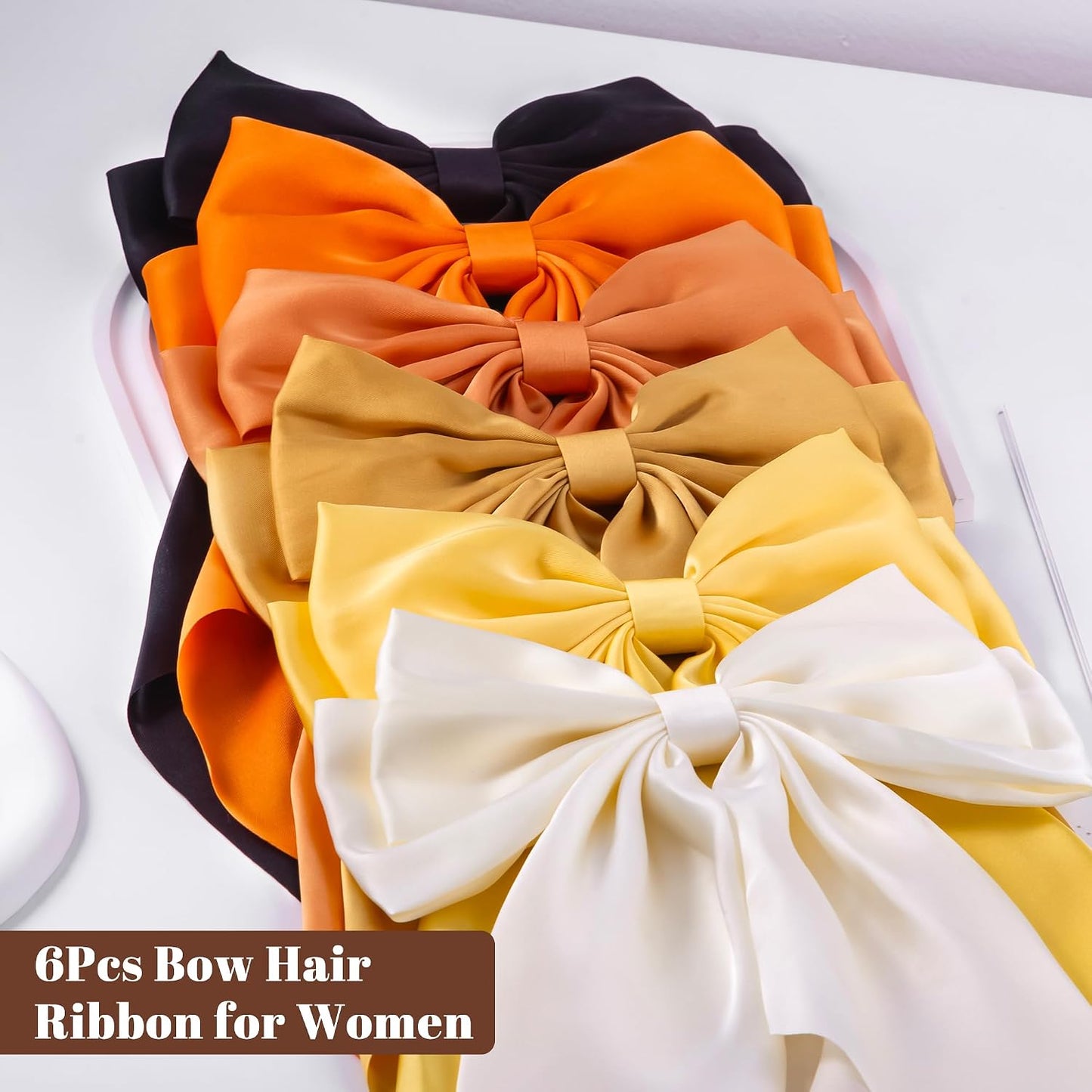 6Pcs Large Bows Hair Clips for Women Girls Long Tail Hair Ribbon Silky Satin Barrettes Coquette Bows Accessories (Black/Orange/Yellow/White)