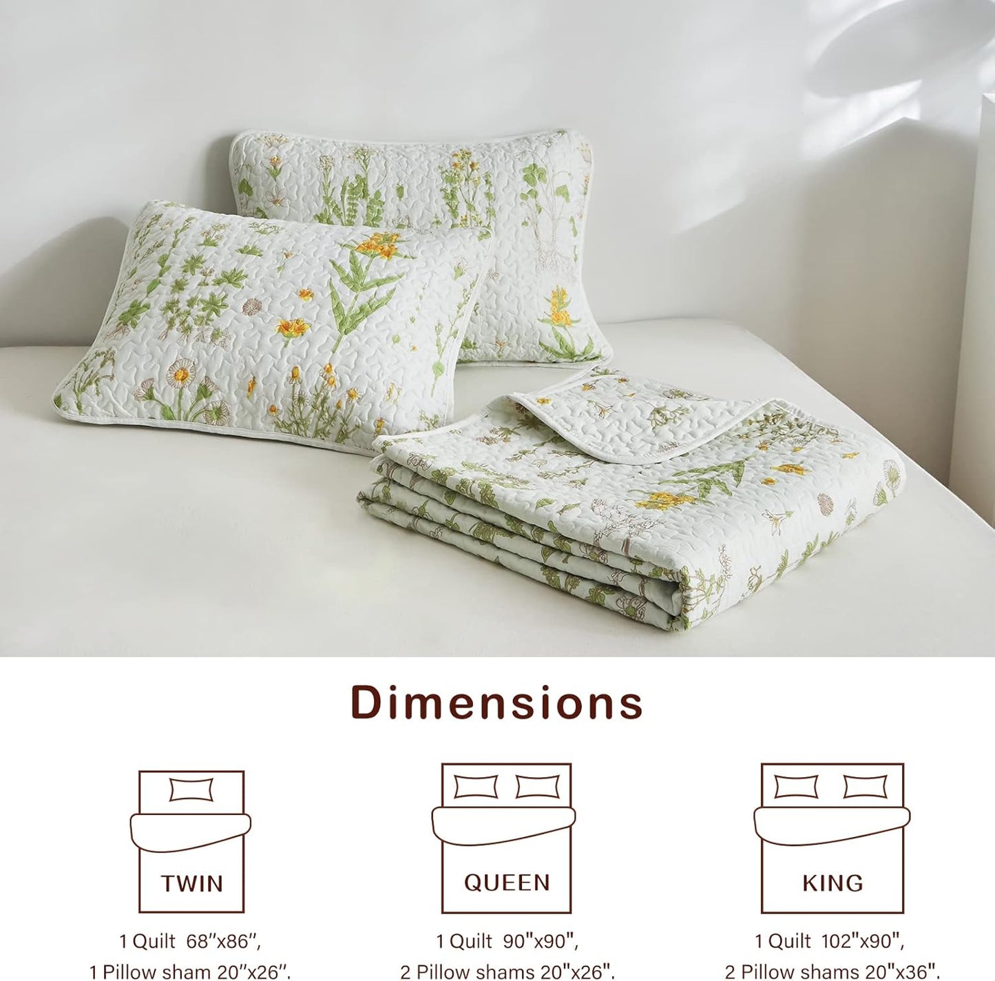2 Pieces Reversible Quilt Set, Smooth Soft Microfiber Quilt, Yellow Flowers Green Leaves Botanical Design, Bedspread Bed Cover for All Season, 1 Quilt n 1 Pillow Sham (Twin, 68x86 inches)