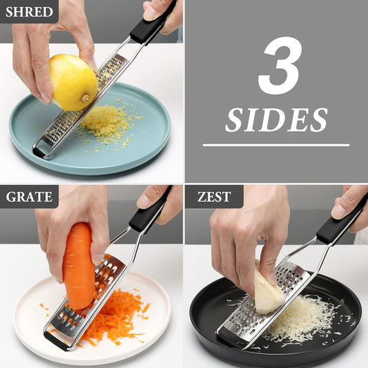 Lemon Zester Grater Three-piece Suit - Heavy Duty Kitchen Tool for Parmesan Cheese, Ginger, Garlic, Nutmeg, Chocolate, Vegetables,Fruits,Stainless Steel Grater Dishwasher Safe Black