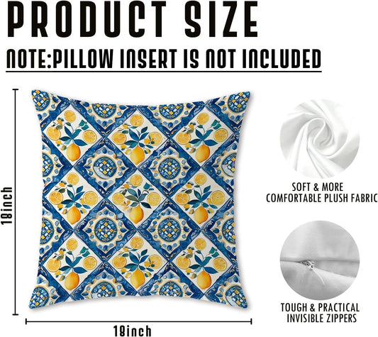 Italian Lemon Pillow Covers 18x18, Mediterranean Home Decor, Blue and Yellow Italian Tiles Lemons Decorative Throw Pillow Covers for Couch Sofa Bedroom Living Room, Set of 2