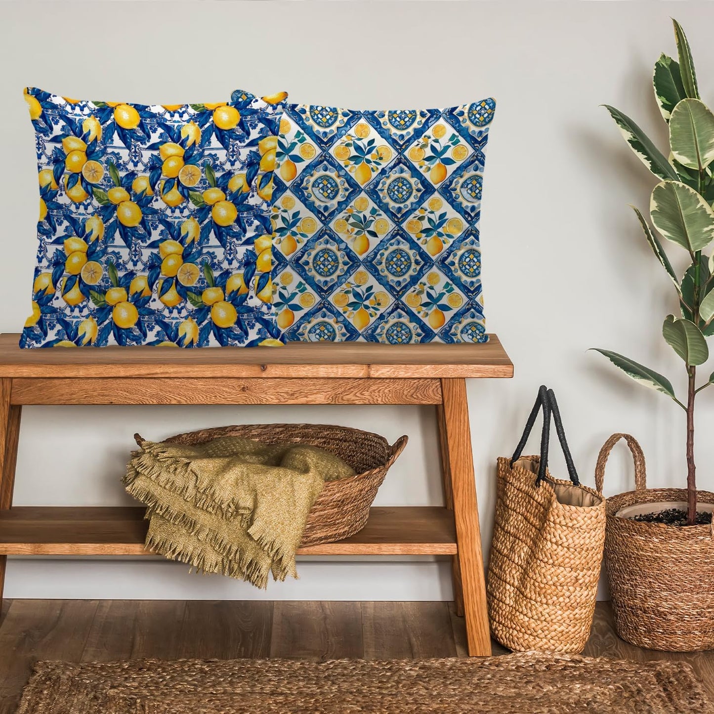 Italian Lemon Pillow Covers 18x18, Mediterranean Home Decor, Blue and Yellow Italian Tiles Lemons Decorative Throw Pillow Covers for Couch Sofa Bedroom Living Room, Set of 2