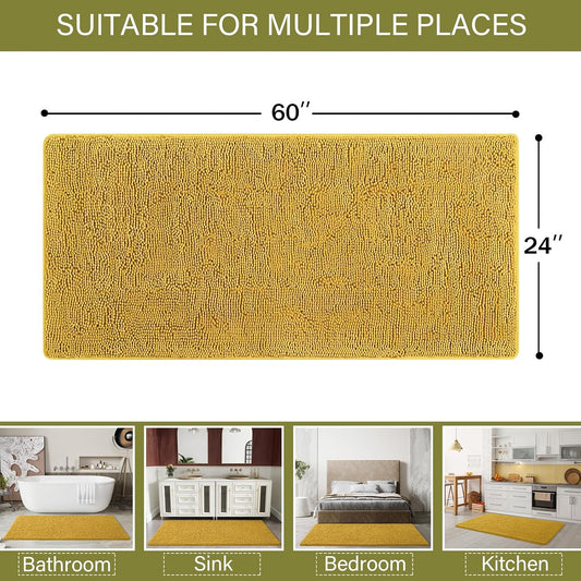 Luxury Bathroom Rug Shaggy Bath Mat 24 x 60 Inch, Washable Non Slip Bath Rugs for Bathroom Shower, Soft Plush Chenille Absorbent Carpets Mats, Yellow