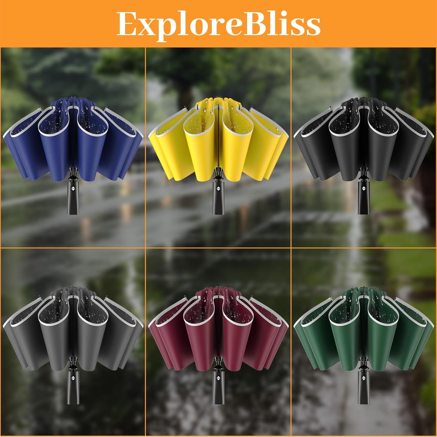 Inverted Automatic Travel Umbrella with Reflective Strip, Windproof & Compact Folding Umbrella, Strong Lightweight Rain Umbrella with One-Button Open/Close for Men & Women