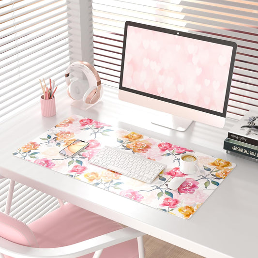 Floral Mouse Pad, Watercolor Flowers Desk Mat for Desktop, Women Girls Office Décor Accessories, PU Leather Waterproof Gaming Mousepad, Pink Yellow Peonies Desk Pad Computer Mat, 31.5" x 15.7"