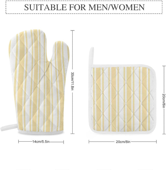4Pcs Oven Mitts and Potholders, Pale Yellow and White Candy Stripes Oven Mitts Gloves Set Heat Resistant Hot Pads for Kitchen Cooking Grill