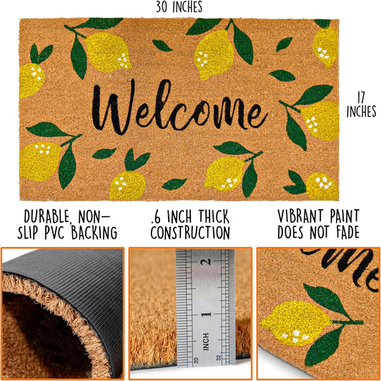 MAINEVENT Lemon Doormat, 30x17 Inch, Outdoor Rug, Yellow Coir Doormat, Hello Spring Door Mat | Non-Slip PVC Backing, No-bleed Stays Vibrant in Covered Outdoor Areas