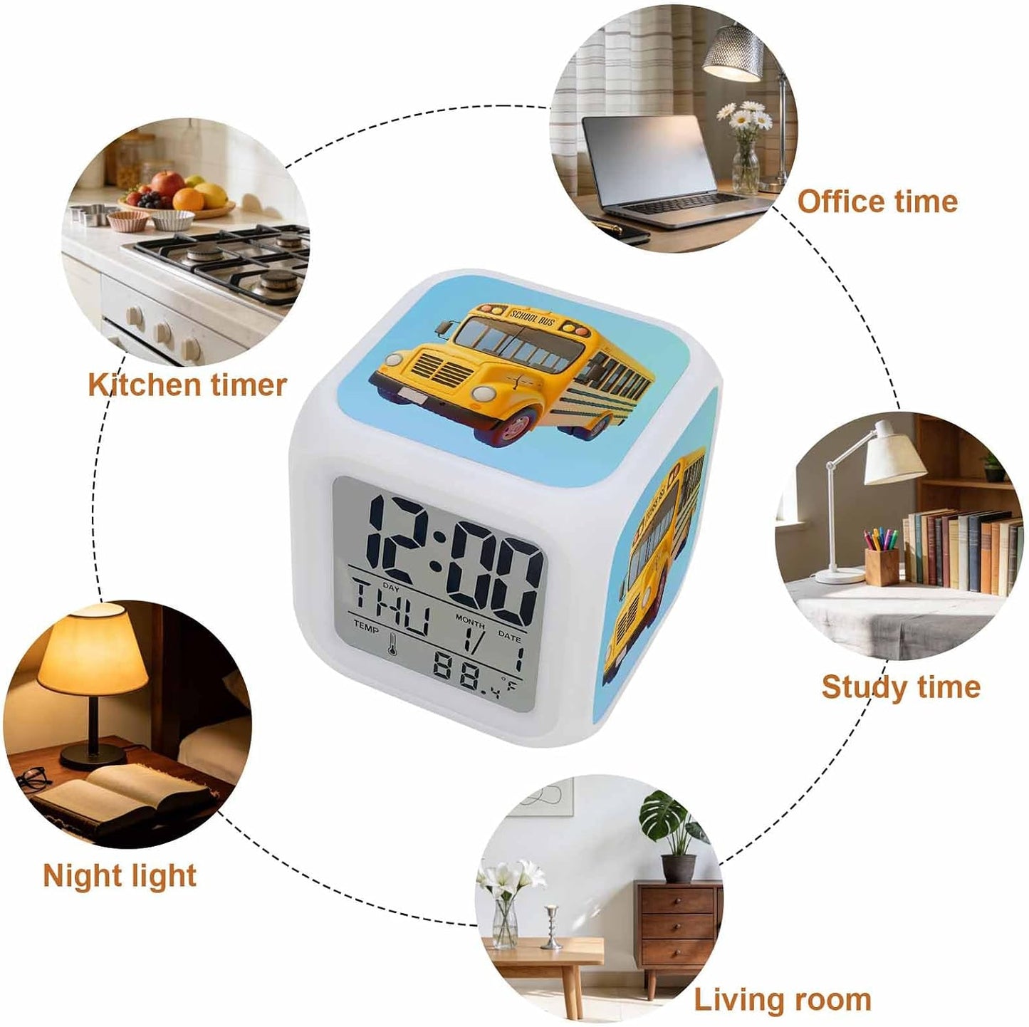 Alarm Clock, School Bus 7 Color LED Digital Clock for Bedroom, Cartoon Funny Yellow Transportation Truck Blue Small Desk Clocks for Living Room Bedside Office, Battery Operated, Temperature and Date