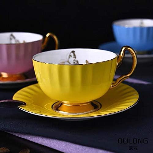 Bone China Cup and Saucer Set Ceramic Tea Coffee Cup for Breakfast Afternoon Tea - Butterfly and Elegance Series (Yellow)