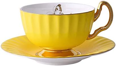 Bone China Cup and Saucer Set Ceramic Tea Coffee Cup for Breakfast Afternoon Tea - Butterfly and Elegance Series (Yellow)