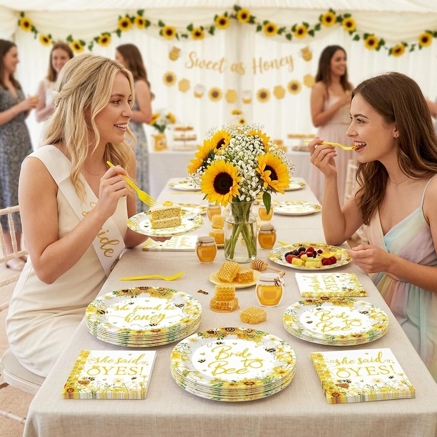 96 Pcs Bride to Bee Bridal Shower Tableware Set, Sunflower Honey Theme Party Supplies with Plates Napkins Forks, She Found Her Honey Engagement Bachelorette Party Decorations for 24 Guests