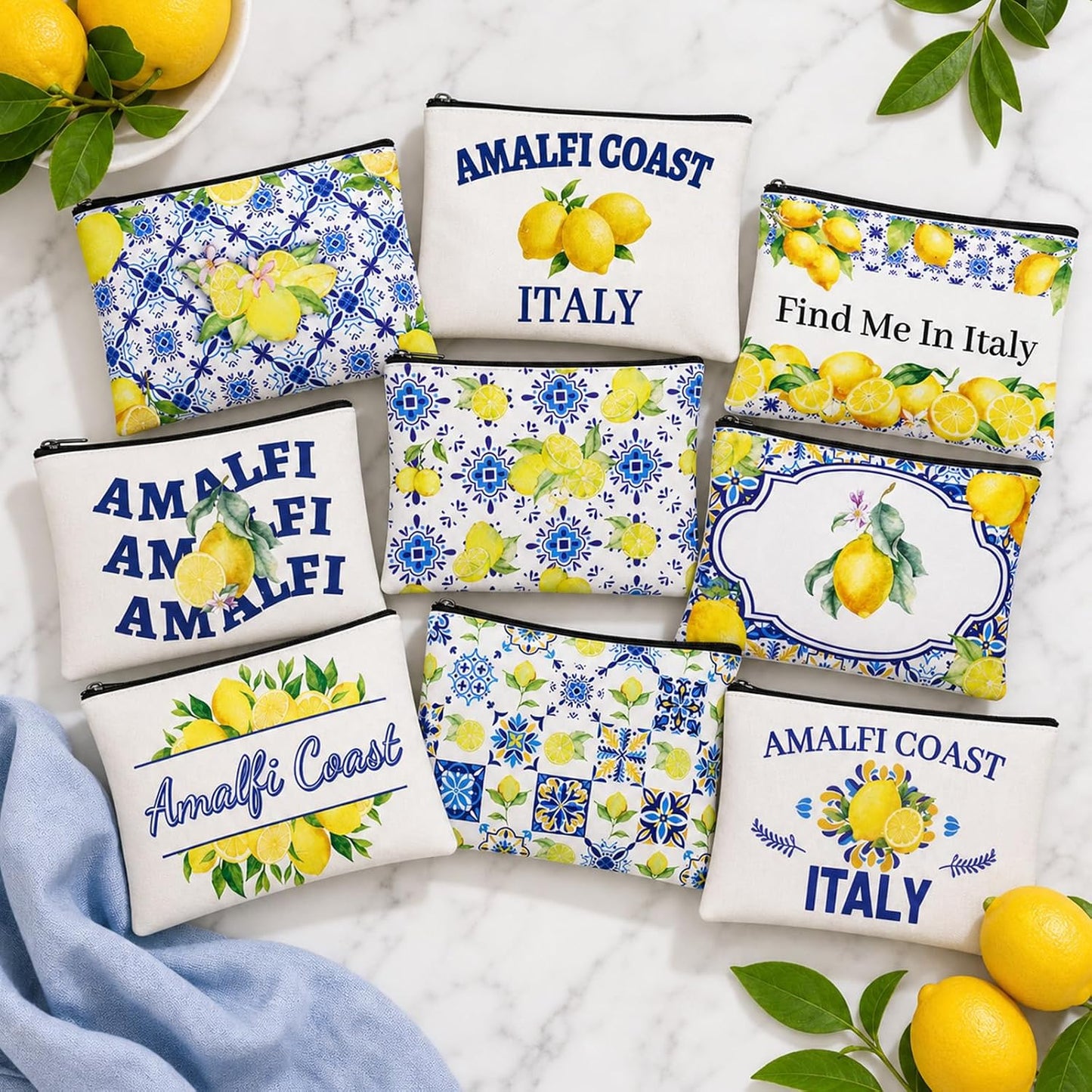 9 Pcs Italian Lemon Makeup Bags Amalfi Coast Cosmetics Bag, Italy Souvenirs Lemon Purse for Wedding Bridal Shower Party Gifts