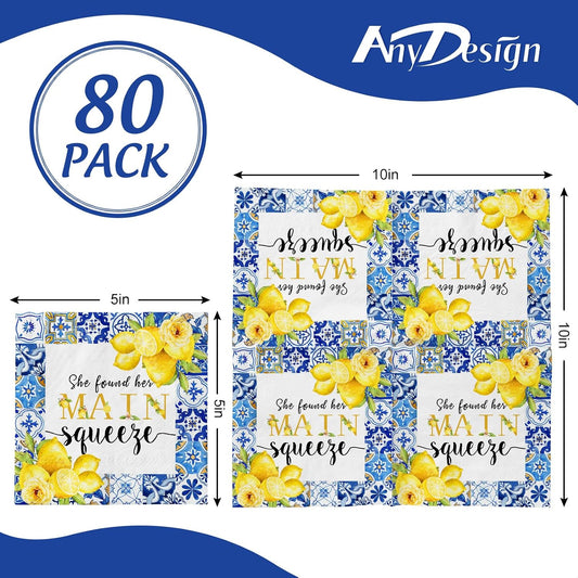 80Pcs Lemon Cocktail Napkins She Found Her Main Squeeze Decorative Disposable Paper Napkins Blue Tiles Yellow Lemon Beverage Napkin for Summer Wedding Birthday Dinner Supplies
