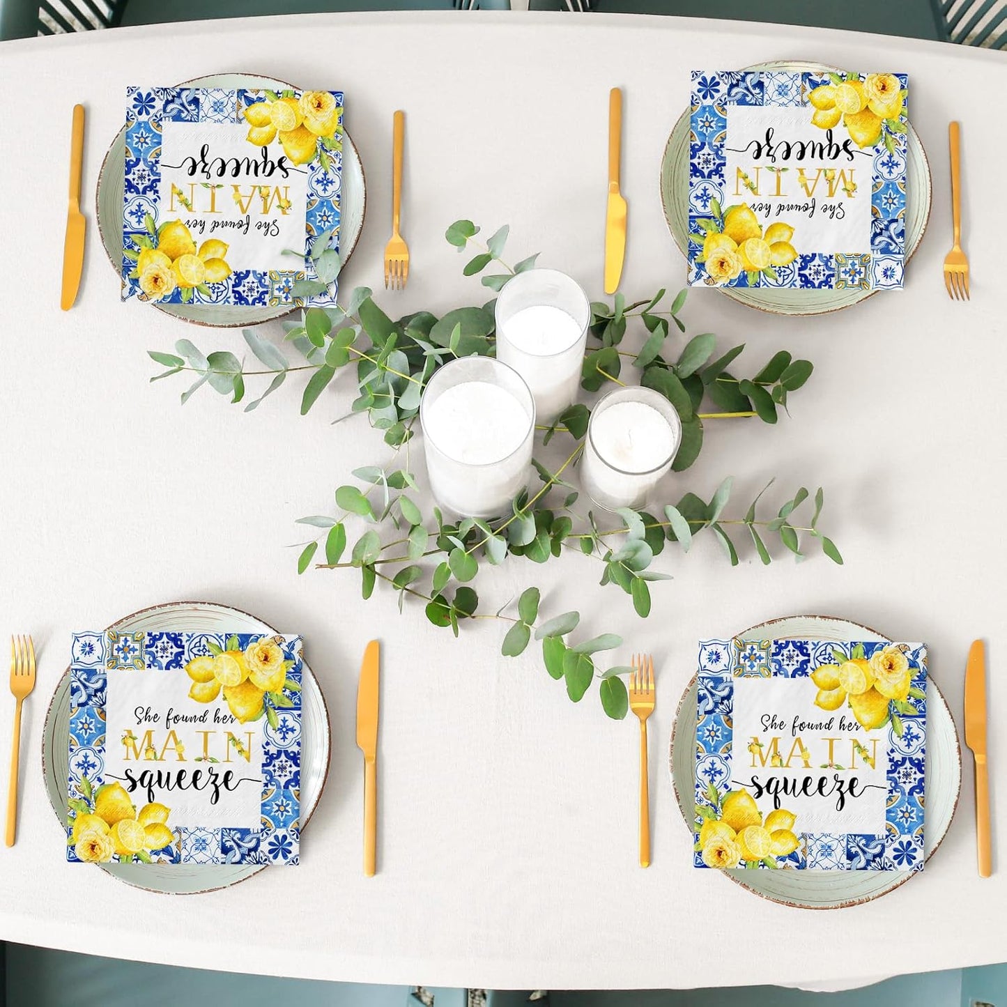 80Pcs Lemon Cocktail Napkins She Found Her Main Squeeze Decorative Disposable Paper Napkins Blue Tiles Yellow Lemon Beverage Napkin for Summer Wedding Birthday Dinner Supplies