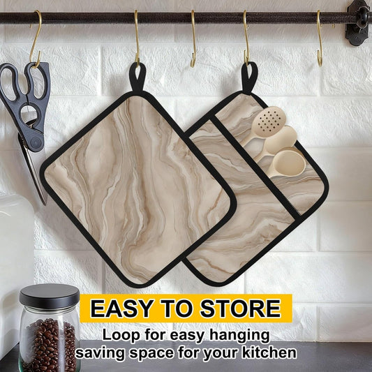 2 Pcs Square Pot Holders for Kitchen with Pockets, Light Yellow Marble Hot Handle Holders for Pots and Pans, Kitchen Hot Pad Oven Mitts for Baking Cooking, 8.5" X 10"