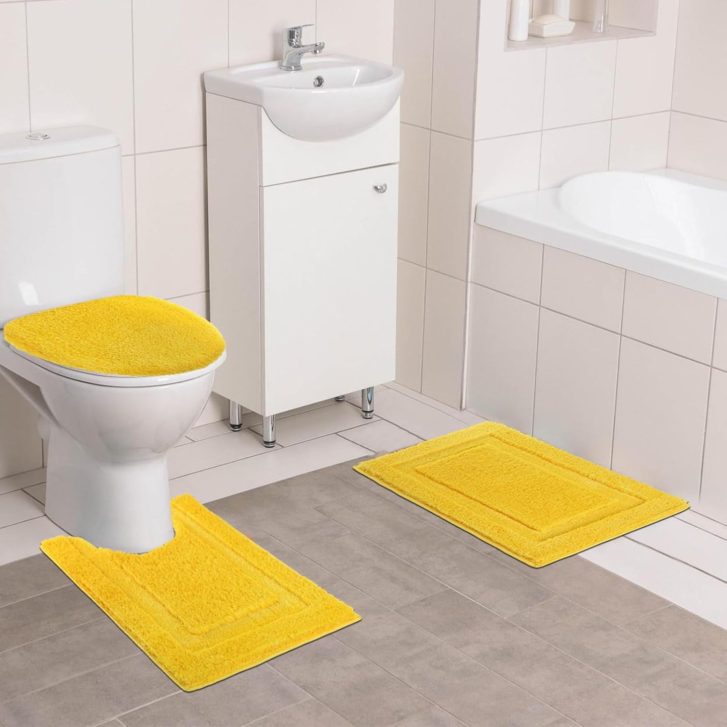 3 Piece Bath Rugs Set with Toilet Lid Cover Soft Absorbent | 16"x24" Small Bath Mats U Shape Contour Rug Toilet Cover Set Non Slip Machine Washable Plush Bathroom Rug(Yellow)