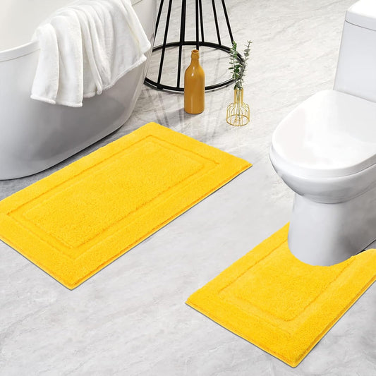 Soft Microfiber Bathroom Rugs Set 2 Pieces with Toilet Rug | Absorbent Plush Bath Mat U Shaped Contour Bath Rug, Non Slip Washable Fluffy Bathroom Floor Mats, 32x20+24x20, Yellow