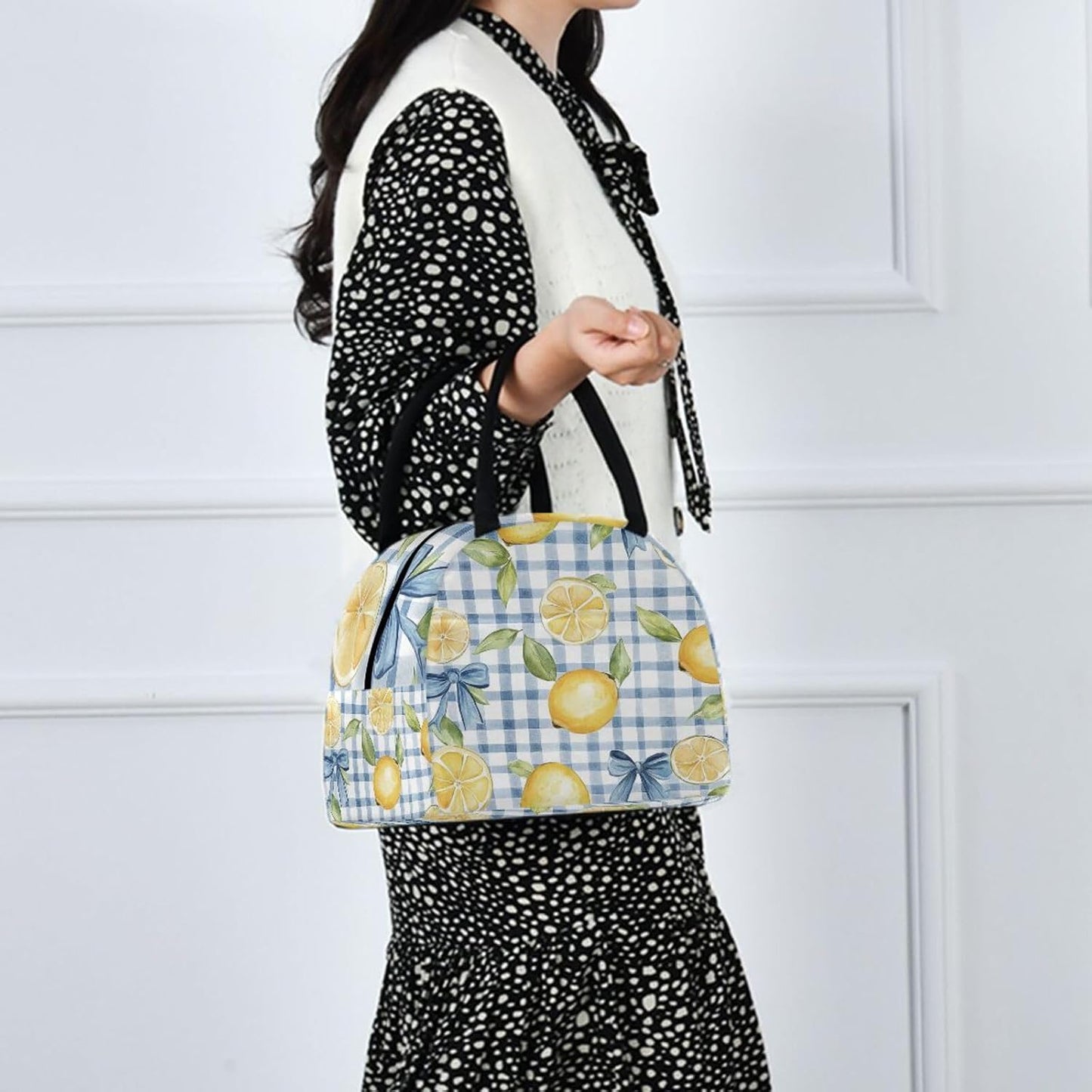 Cute Blue Bows Lemons Lunch Bag Box Women, Tote Bag for Women Adult Men, Reusable Insulated Cooler Lunch Container