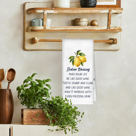 Italian Lemon Kitchen Towels Decorative, Italian Blessing Dish Towels Dishcloths Tea Towel, Italy Gifts for Women Nonna, Mediterranean Lemon Hand Towel Decor for Kitchen Bathroom, 16x24Inch