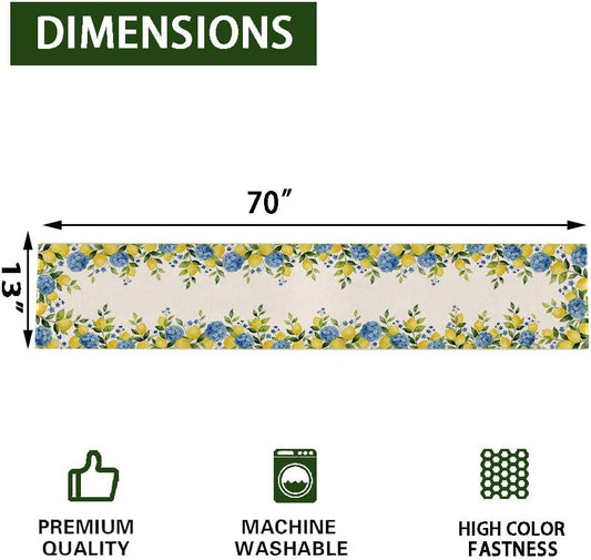 Summer Lemon Table Runner, Hydrangea Floral Kitchen Dining Table Decoration for Home Party Decor 13x70 Inch