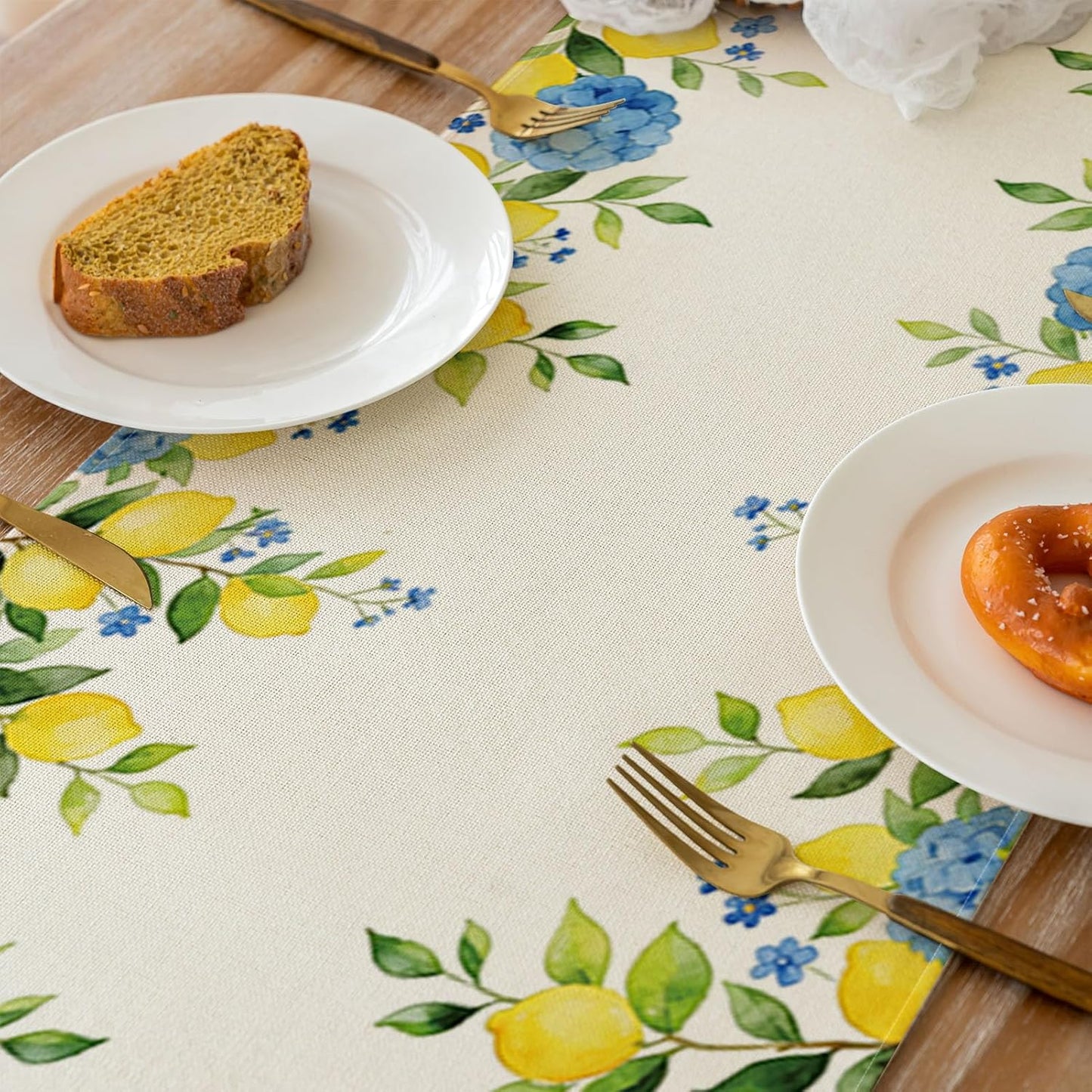 Summer Lemon Table Runner, Hydrangea Floral Kitchen Dining Table Decoration for Home Party Decor 13x70 Inch