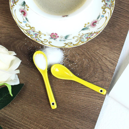 Mini Spoons for Spices, Ceramic Spoon 3.5 inch for Spice Jars, Espresso Spoons, Small Seasoning Spoon for Salt, Coffee, Sugar, Powder and Pepper (Yellow spoon A set of 4)