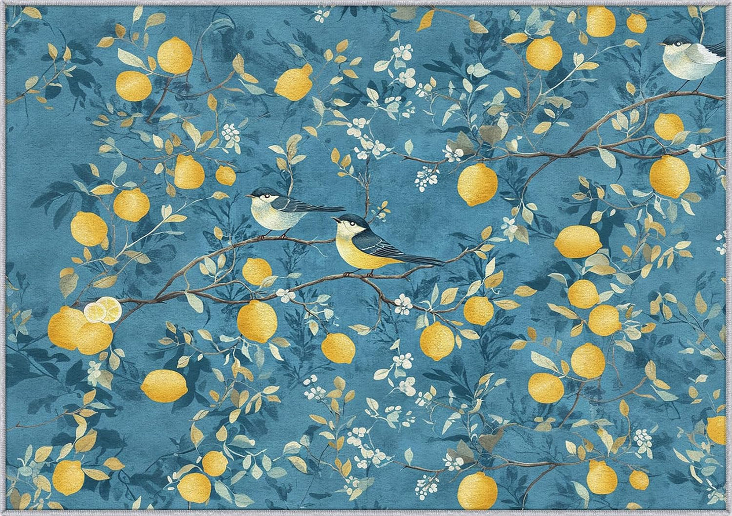 Lemon Tree Branch Rug, Washable Blue Mediterranean Style Area Rugs 3x5 - Orchard Fruit Citrus Carpet, Bedroom, Living Room, Home Decor, Soft, Non Slip, Non Shedding