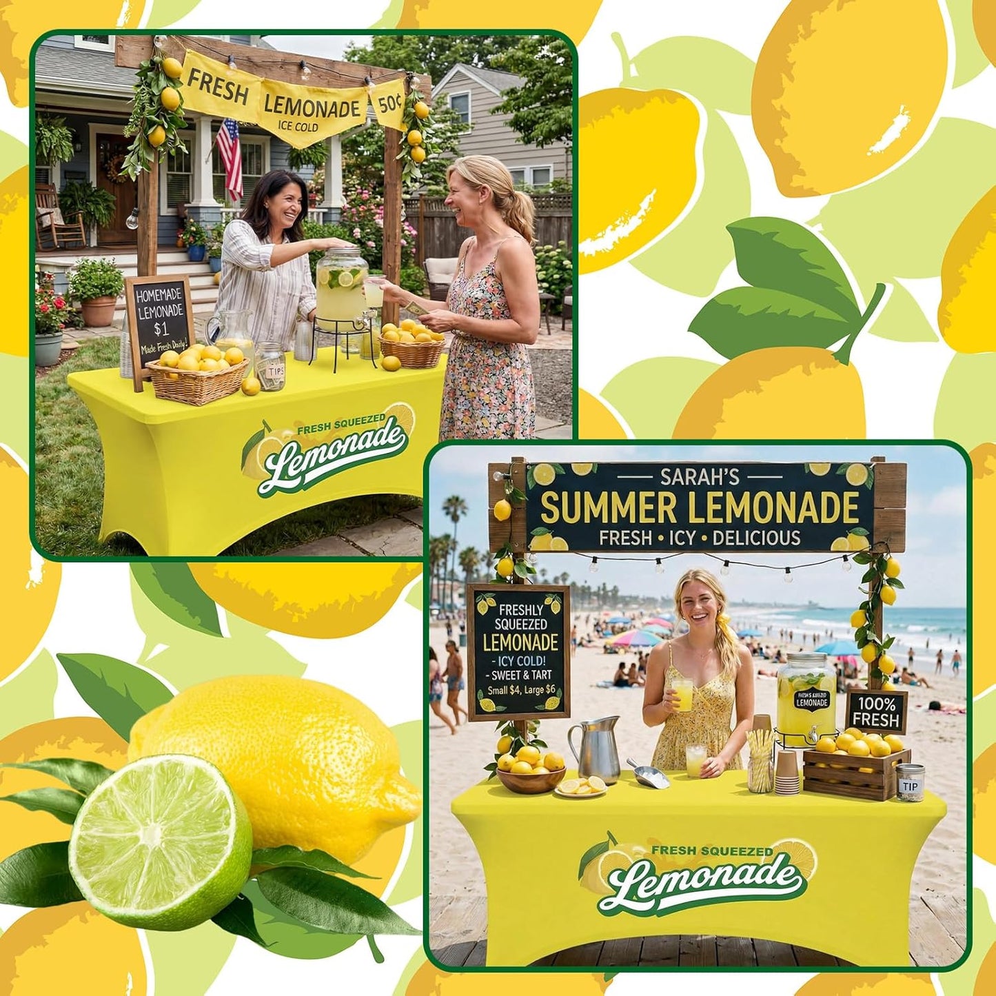 2 Pcs Lemonade Stand Supplies Tablecloth 6ft Lemonade Stretch Table Covers Lemon Spandex Tablecloth for Standard Folding Tables Summer Gathering Beach Picnic Lemon Birthday Party Decoration