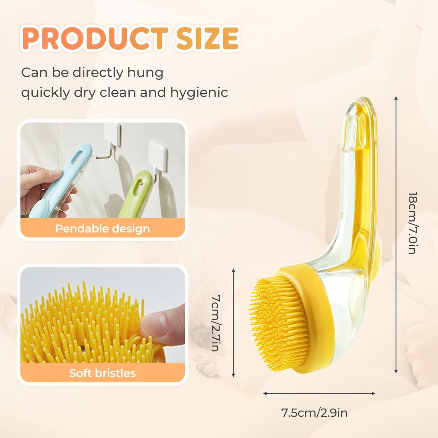 Pet Bath Brush, 2025 New 2 in 1 Dog Bath Brush with Built-in Shampoo Dispenser, Pet Wash Brush for Bathing Dog Grooming Massage Brush for Long Short Haired Dogs Cats Shower (Yellow, Fine teeth)