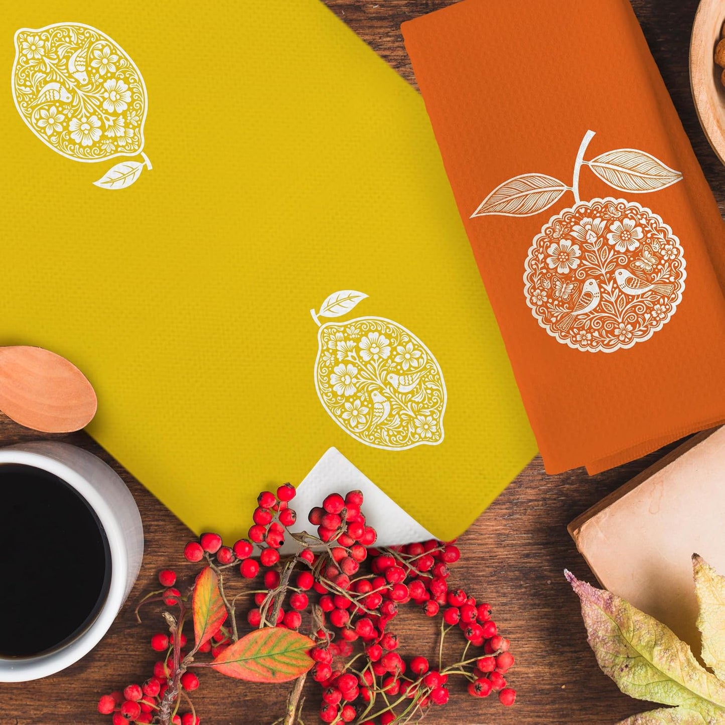 Orange Lemon Fruit Kitchen Towels 16x24 Inch Set of 2 | Boho Mandala Folk Art Citrus Fruits Dish Tea Hand Towels for Kitchen Bathroom Decor