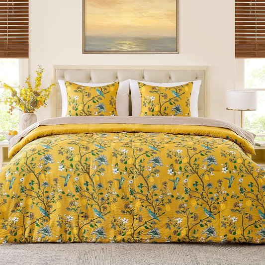 Bedding California King Size Comforter Set 3 Pieces,Yellow Vintage Botanical Floral Pattern Bed Comforter Sets,Boho Whimsical Modern Printed Design Cute Seersucker Bedroom Comforter and Shams