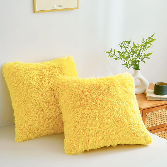 Fluffy Throw Pillow Covers Yellow 18"x18" Faux Fur Furry Cushion Covers Shaggy Plush Fuzzy Pillow Cases Decorative Pillow Shams with Zipper Set of 2 for Sofa Living Room Bedroom Interior