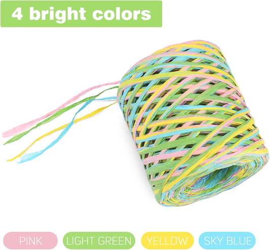 394 Feet Raffia Paper Ribbon, Colored Christmas Packing Paper String | 4 Colored for Gift Wrapping, DIY Decoration, Craft, Birthday Party, Easter and Holiday (Green, Yellow, Blue, Pink)