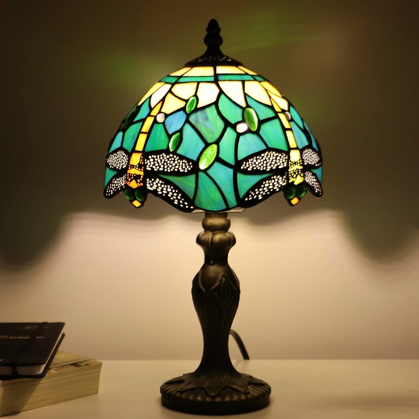 Tiffany Table Lamp Dragonfly Style Blue Yellow Stained Glass Accent Lamp Bronze Resin Base 8X8X14 Inch