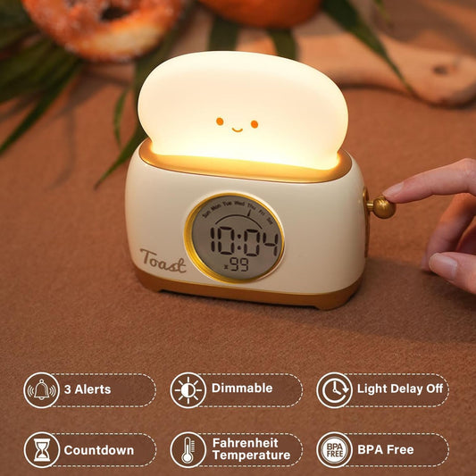 Kids Toast Night Light Alarm Clock, Kids Sleep Trainer, Cute Toast Clock Dimmable Night Light, Ideal Christmas Birthday Gift for Kids Adults(Toast Clock-Yellow)