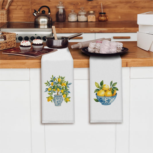 Chinoiserie Italian Lemon Kitchen Towels, Blue and White Porcelain Lemon Dish Tea Towels for Kitchen Decor, Grandmillennial Lemons Hand Towels for Bathroom Decor, 16x24 Inch Set of 2