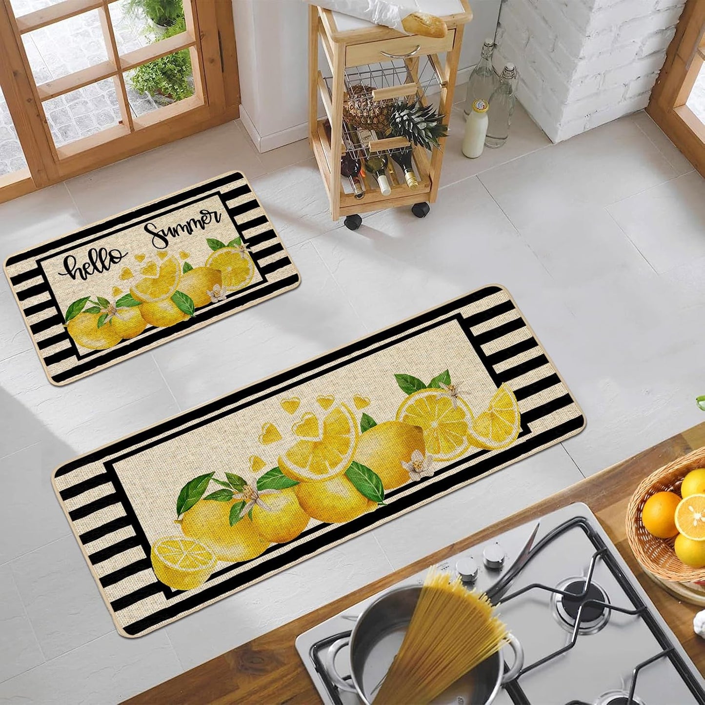 Yellow Lemon Kitchen Rugs Set of 2, Summer Black Striped Kitchen Mats for Floor Low-Profile Summer Seasonal Home Decor 17x29 and 17x47 Inch
