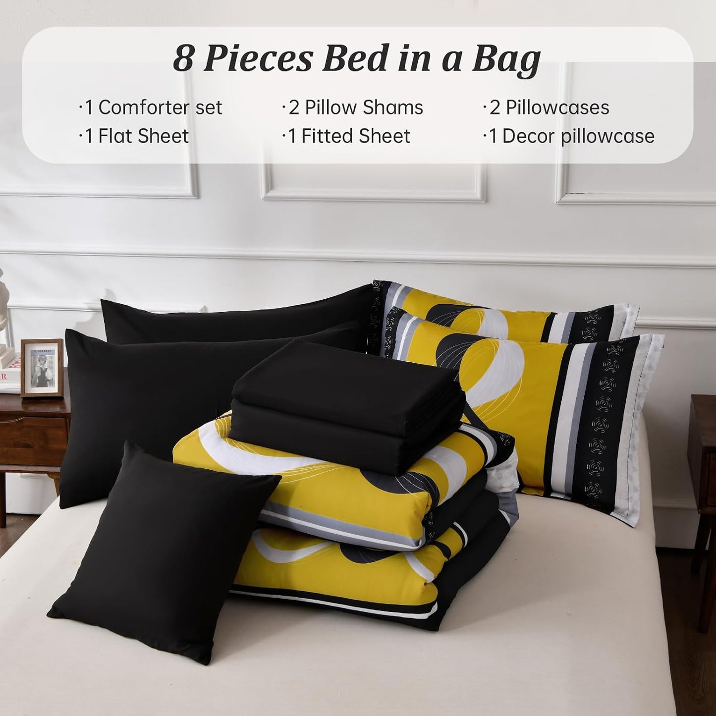 Yellow Black Comforter Set Queen Size,8 Pieces Bed in a Bag Patchwork Striped Bedding Sets,Boho Soft Microfiber Bedding Set for All Season(90"×90")