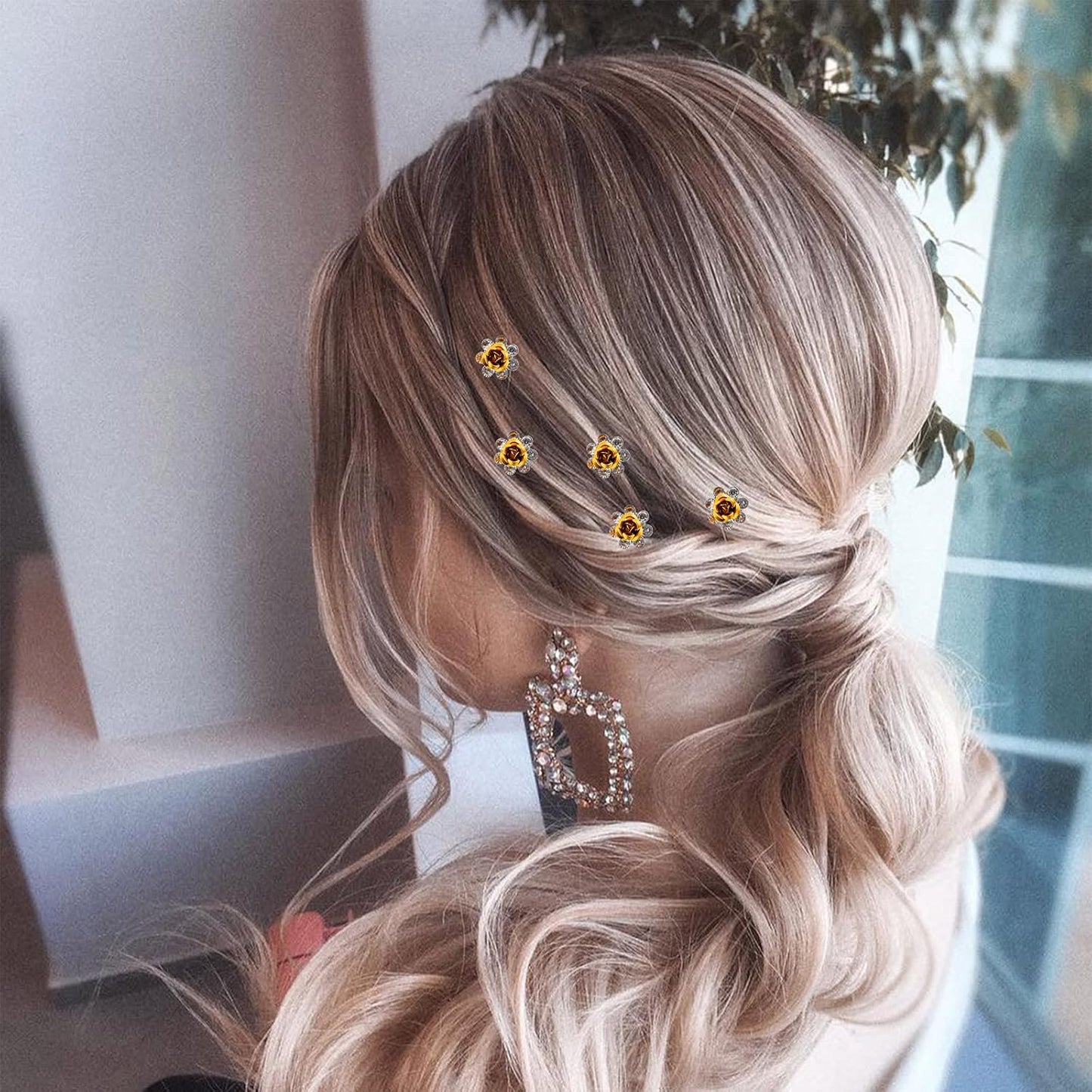 20 Pack (Yellow) Crystal Hair Pins Rose Flower Rhinestone Hair Clips for Bridal Wedding Women Hair Jewelry Accessories, with Clear Container