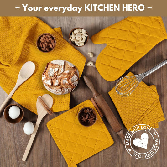 10-Piece Kitchen Set - 100% Cotton, Includes Dishcloths, Dish Towels, Oven Mitts, Potholders, Heat Resistant & Durable, Ideal for Baking, Cooking, and All Kitchen Tasks - Mustard Yellow
