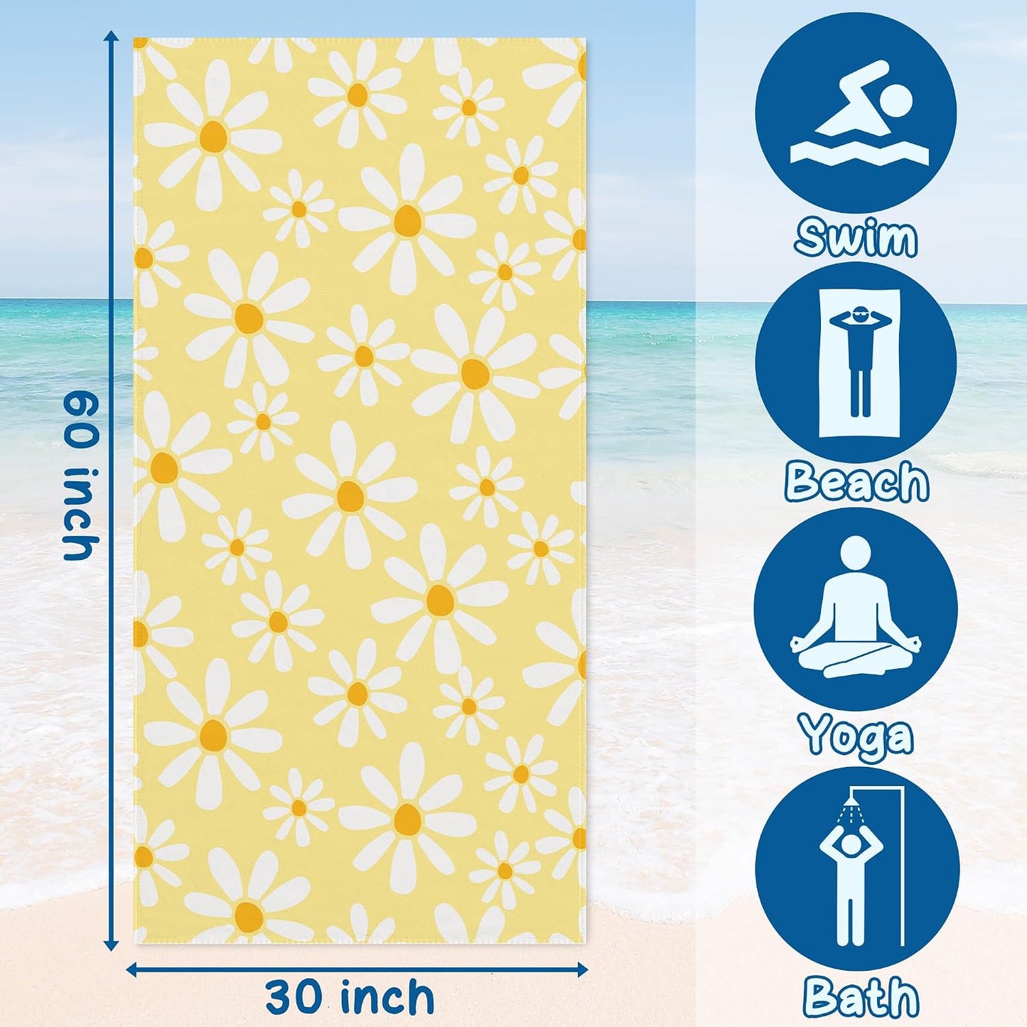 Light Yellow Daisy Floral Beach Towel 60x30 Inches, Daisy Flower Swim Pool Bath Towels for Women Girls Bathroom Swimming Pool Travel Camping, Flower Oversized Beach Towels