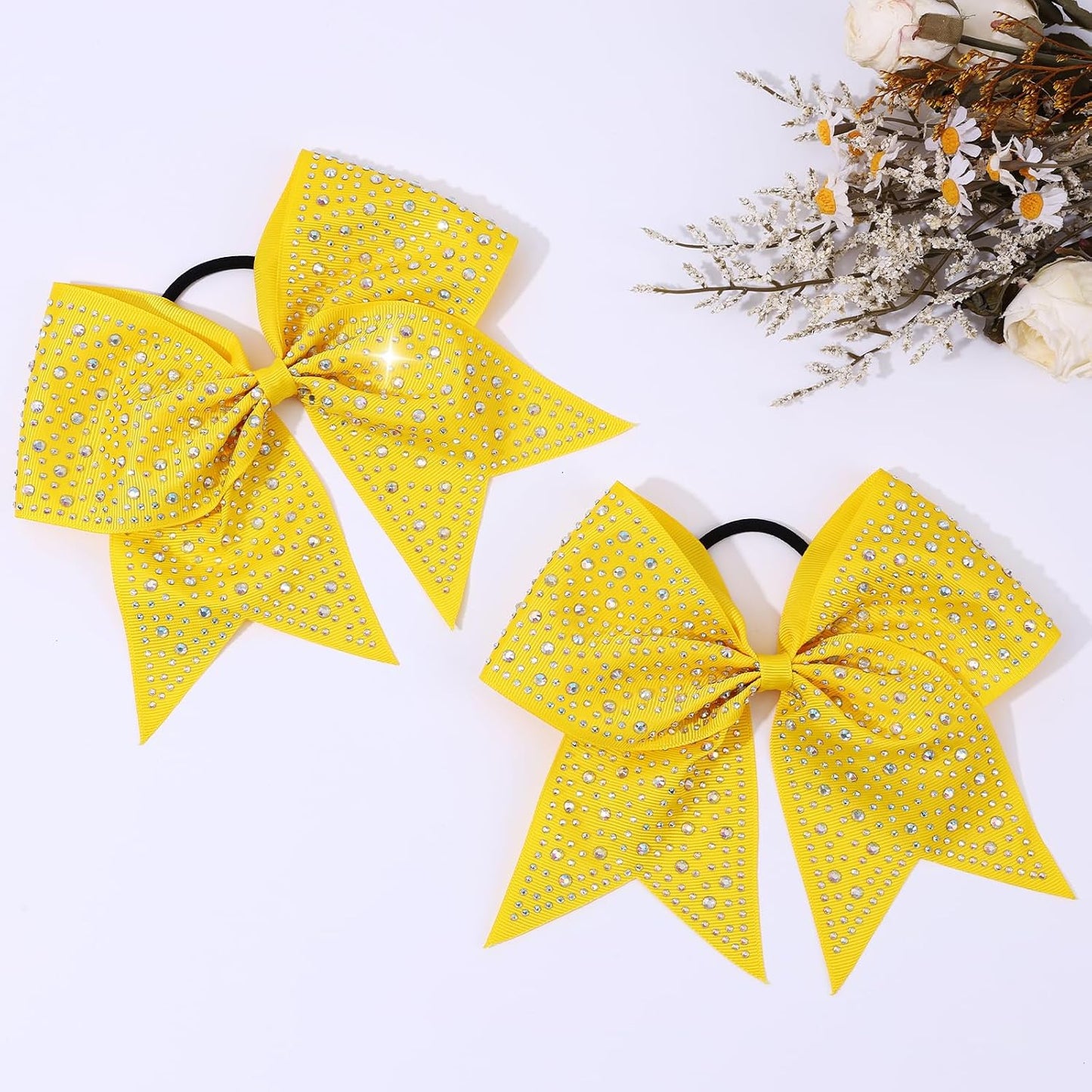 10PCS Large Glitter Cheer Bows for Cheerleaders,Yellow Sparkly Hair Bows with Elastic Hair Ties Accessories for Cheerleading Girls Women