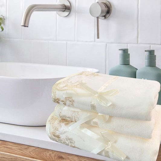 3 Pieces Light Yellow Lace Bath Towels Set, Velvet Bath Towel Hand Towels Set (1 Bath Towel+2 Hand Towels)