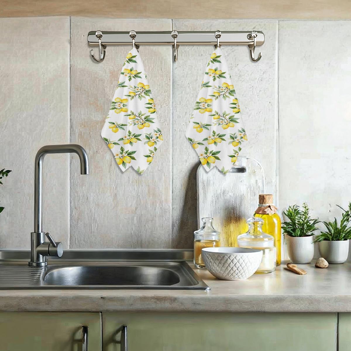 2 Pcs Rustic Lemon Kitchen Towels, Summer Flower Decorative Absorbent Microfiber Dish Cloth Tea Towel, Waffle Soft Hand Towels for Farmhouse Home Bathroom Kitchen Decor, Lemon Gifts