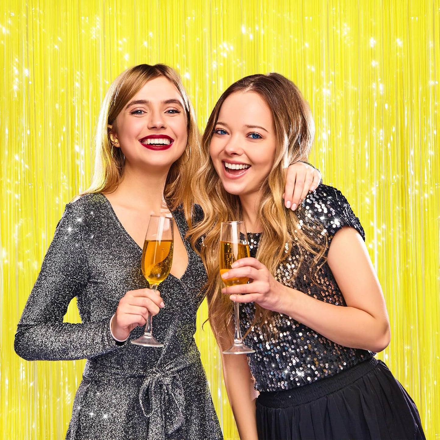 Yellow Fringe Curtains 2 Pack, Tinsel Backdrop for Party Decorations | Bright Metallic Foil Finish, Self Adhesive Peel & Stick, Photo Booth Backdrop, Easter Birthday Baby Shower Summer Party Decor